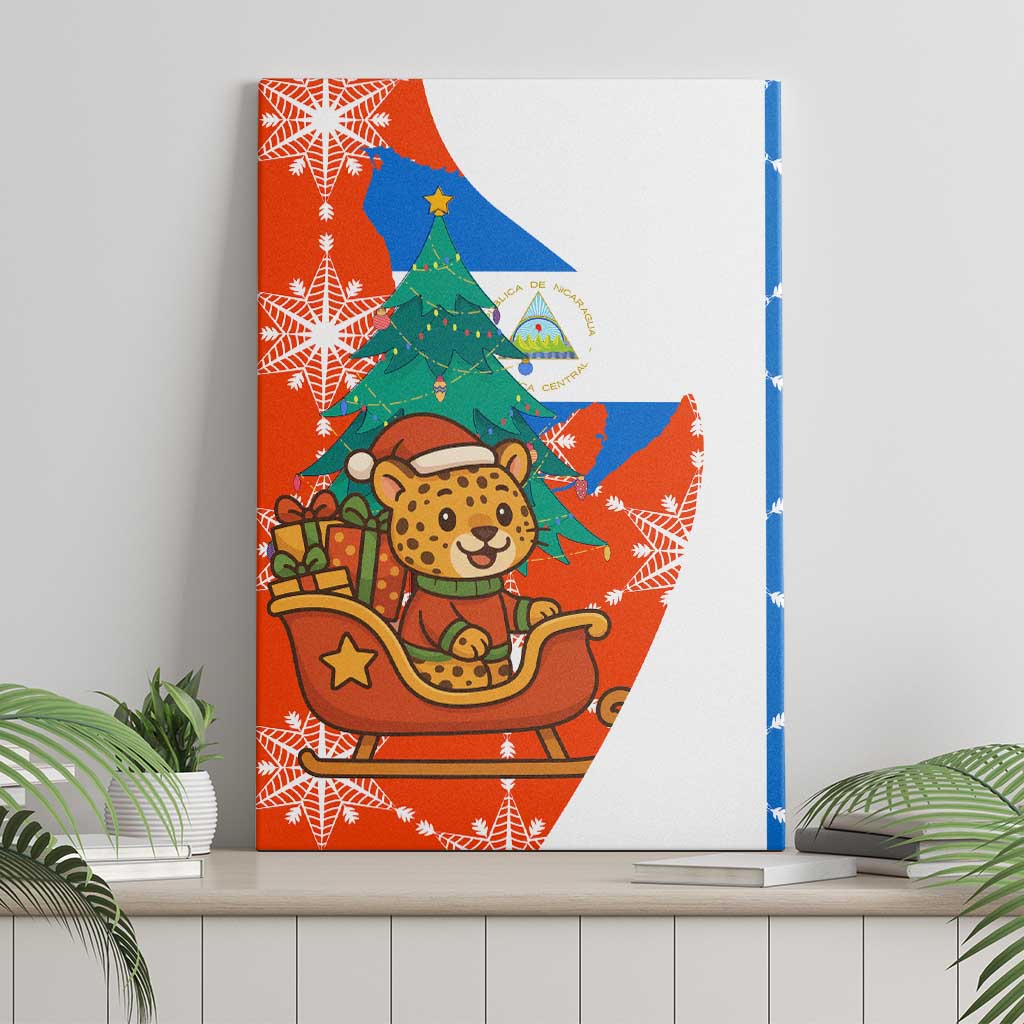 Nicaragua Christmas Canvas Wall Art with Jaguar in Sleigh Christmas Tree Snowflakes and Flag Colors Design - Wonder Print Shop