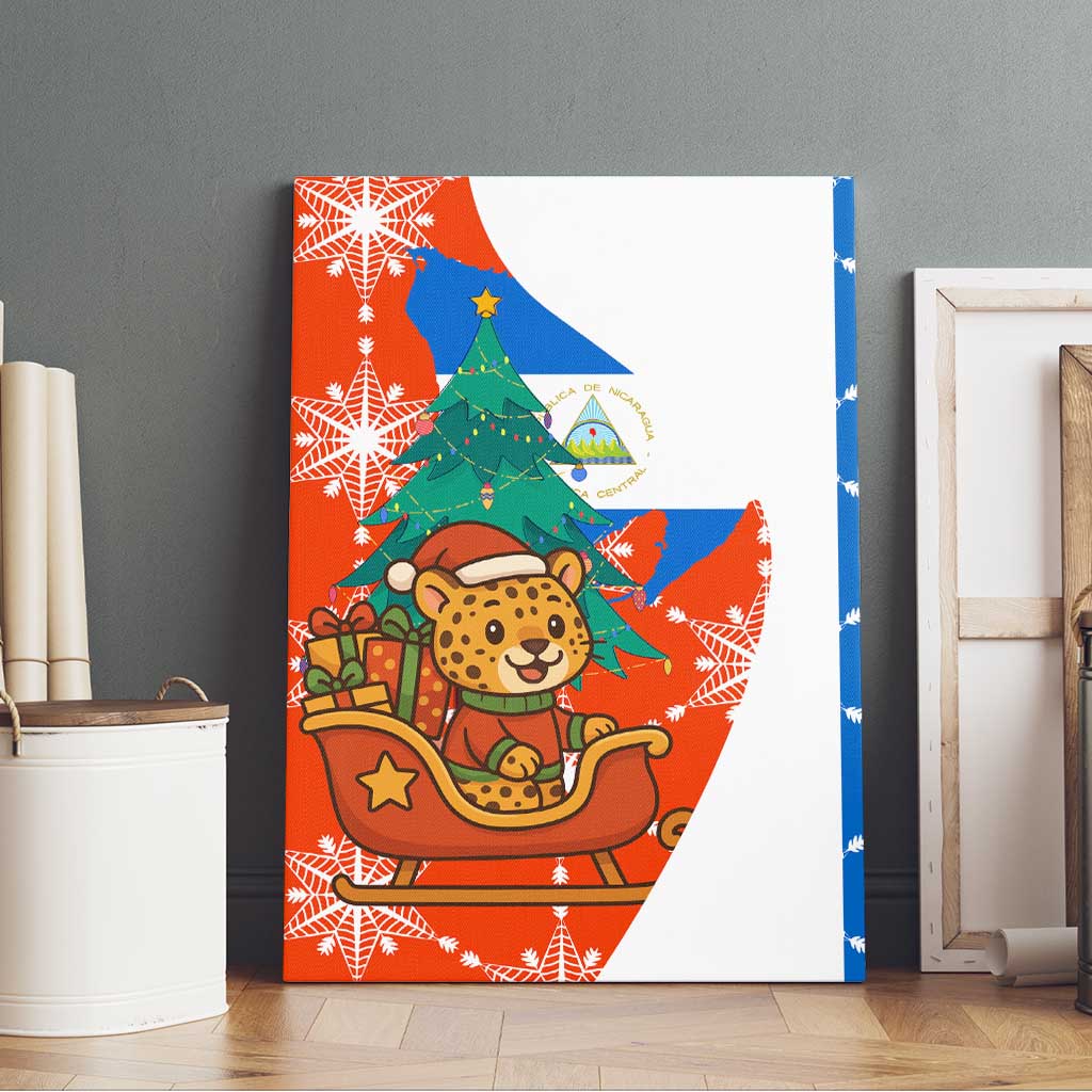 Nicaragua Christmas Canvas Wall Art with Jaguar in Sleigh Christmas Tree Snowflakes and Flag Colors Design - Wonder Print Shop