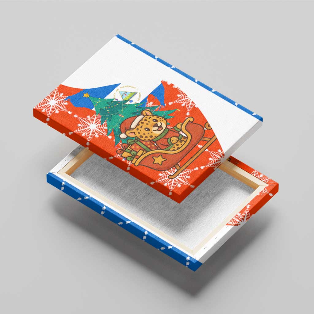 Nicaragua Christmas Canvas Wall Art with Jaguar in Sleigh Christmas Tree Snowflakes and Flag Colors Design - Wonder Print Shop