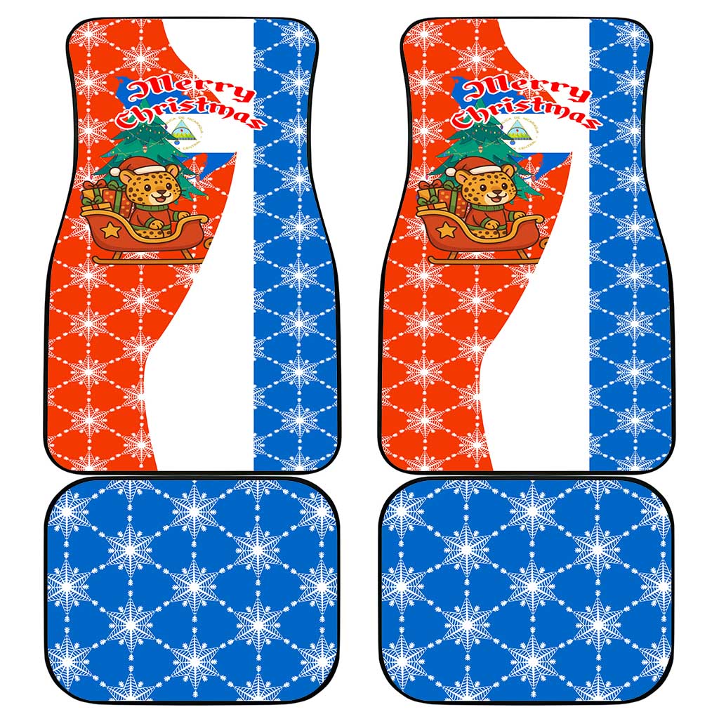 Nicaragua Christmas Car Mats with Jaguar in Sleigh Christmas Tree Snowflakes and Flag Colors Design - Wonder Print Shop