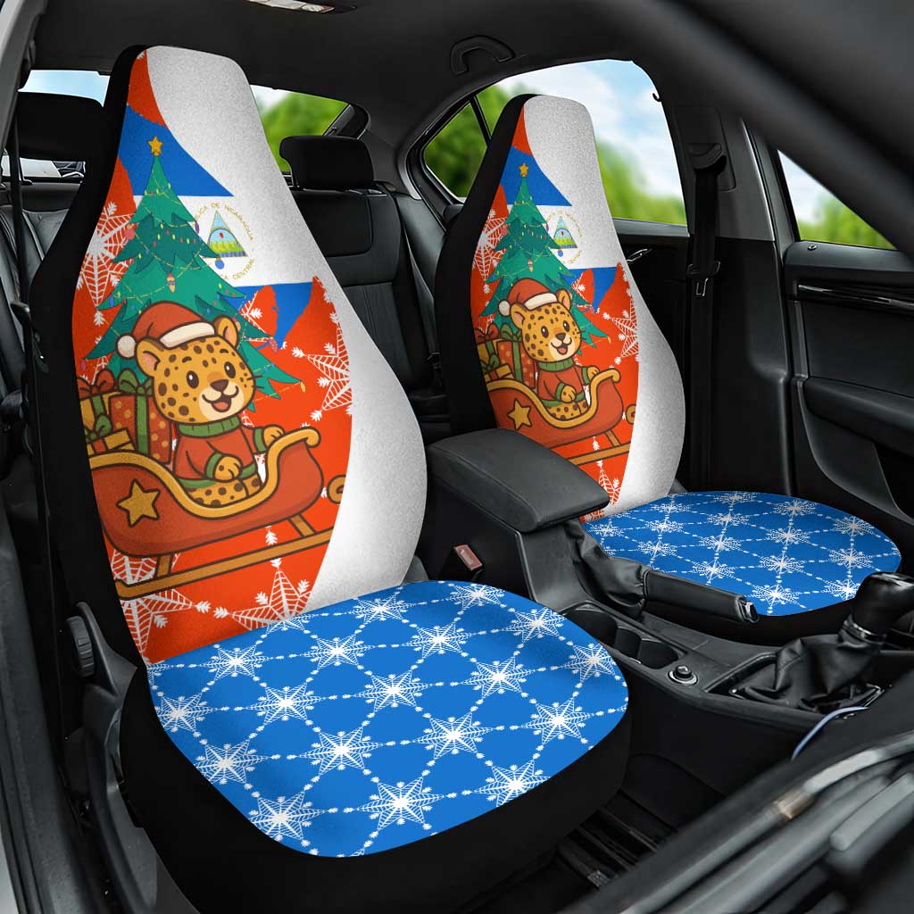 Nicaragua Christmas Car Seat Cover with Jaguar in Sleigh Christmas Tree Snowflakes and Flag Colors Design - Wonder Print Shop