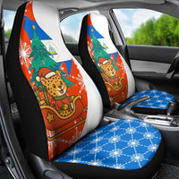 Nicaragua Christmas Car Seat Cover with Jaguar in Sleigh Christmas Tree Snowflakes and Flag Colors Design - Wonder Print Shop