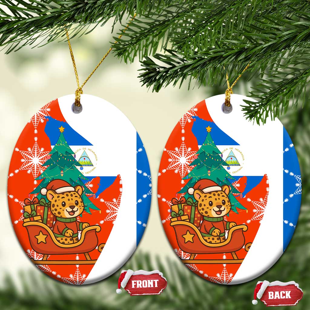 Nicaragua Christmas Ceramic Ornament with Jaguar in Sleigh Christmas Tree Snowflakes and Flag Colors Design - Wonder Print Shop