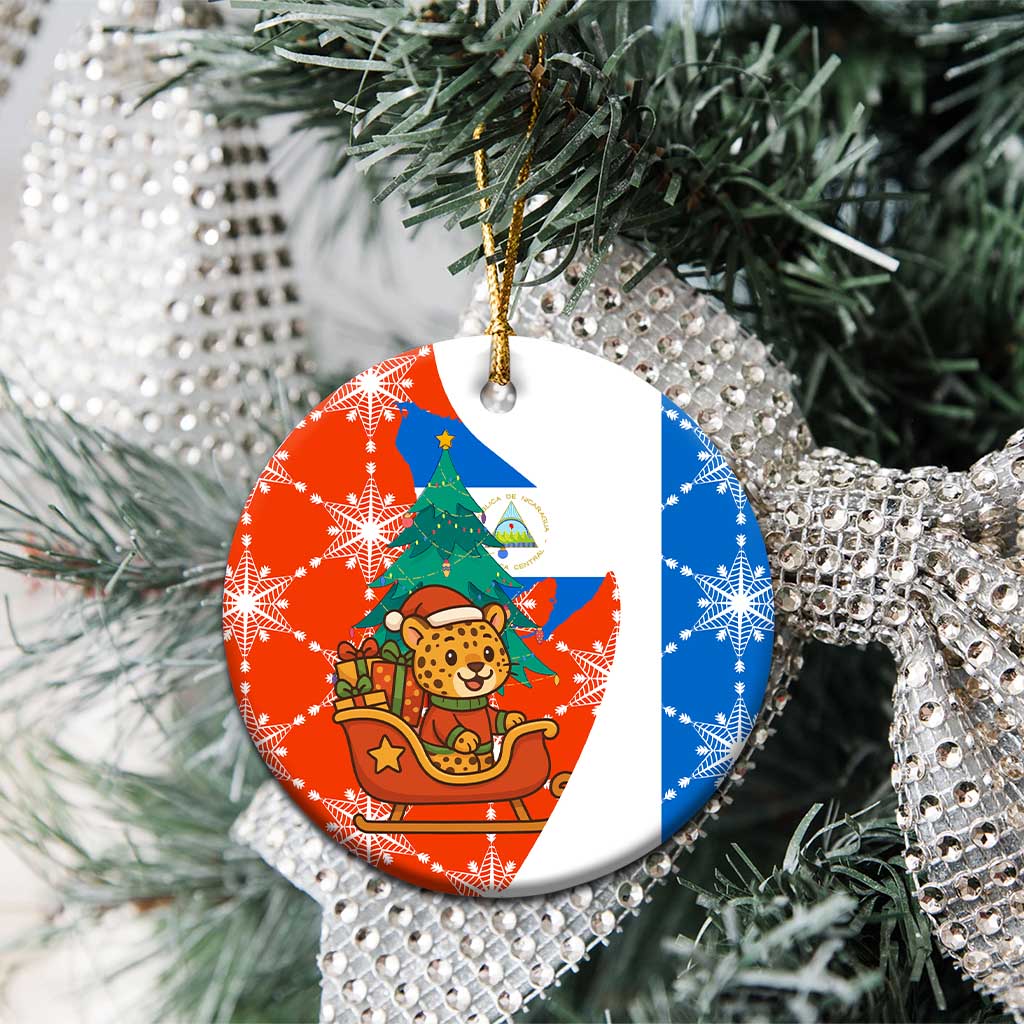 Nicaragua Christmas Ceramic Ornament with Jaguar in Sleigh Christmas Tree Snowflakes and Flag Colors Design - Wonder Print Shop
