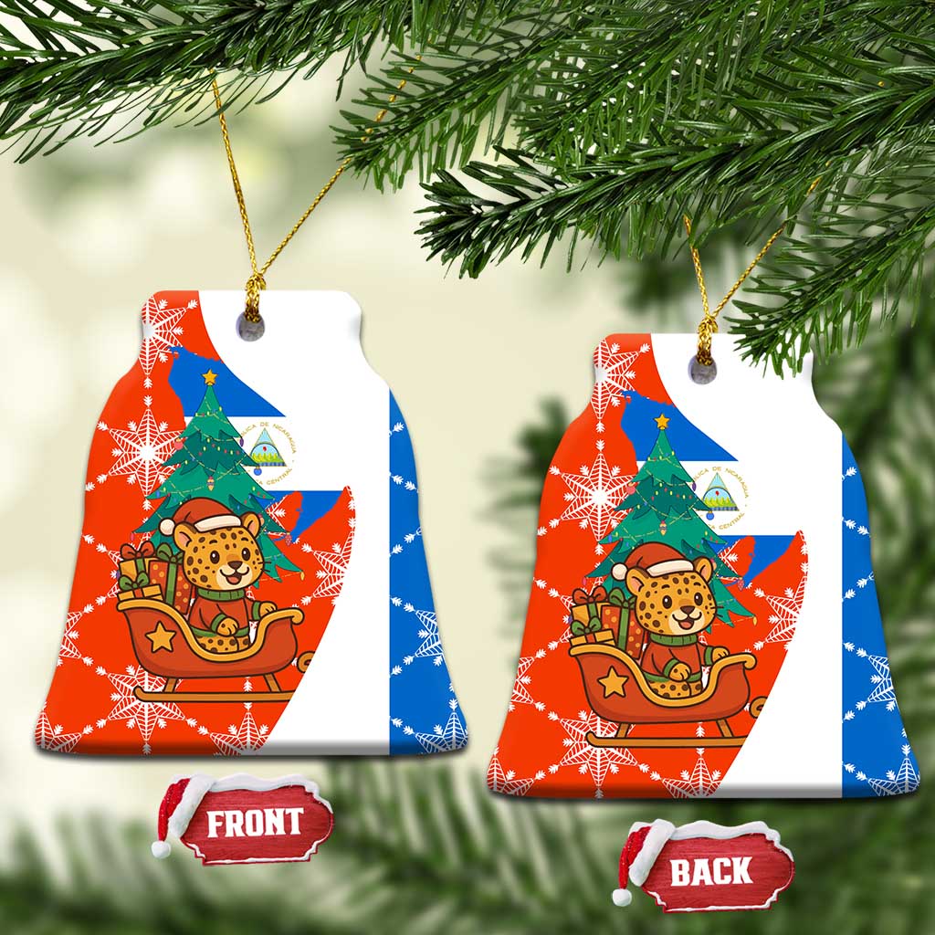 Nicaragua Christmas Ceramic Ornament with Jaguar in Sleigh Christmas Tree Snowflakes and Flag Colors Design - Wonder Print Shop
