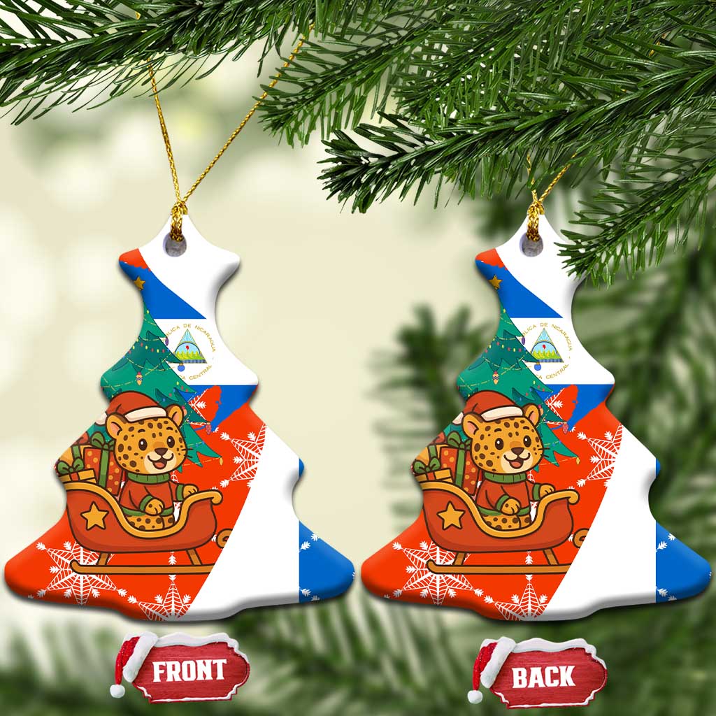 Nicaragua Christmas Ceramic Ornament with Jaguar in Sleigh Christmas Tree Snowflakes and Flag Colors Design - Wonder Print Shop