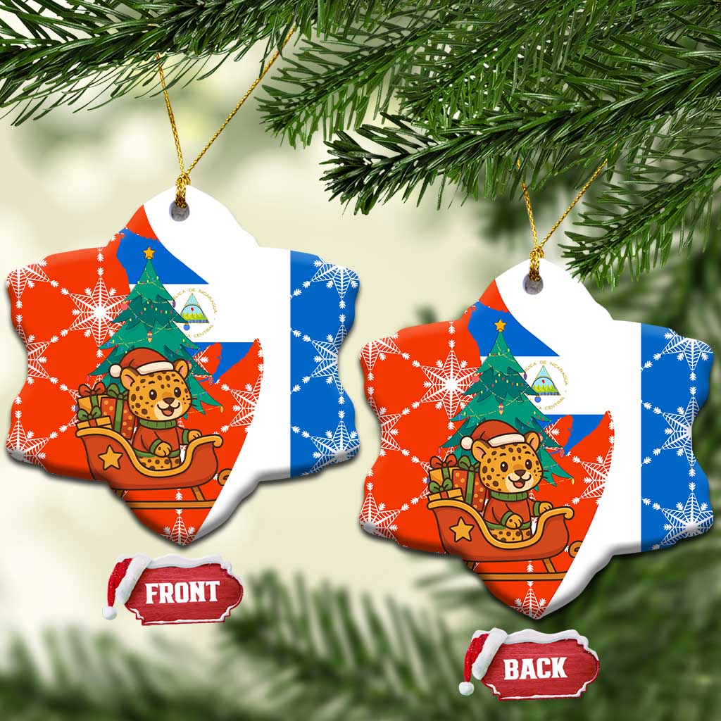 Nicaragua Christmas Ceramic Ornament with Jaguar in Sleigh Christmas Tree Snowflakes and Flag Colors Design - Wonder Print Shop