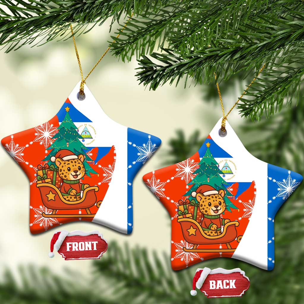 Nicaragua Christmas Ceramic Ornament with Jaguar in Sleigh Christmas Tree Snowflakes and Flag Colors Design - Wonder Print Shop