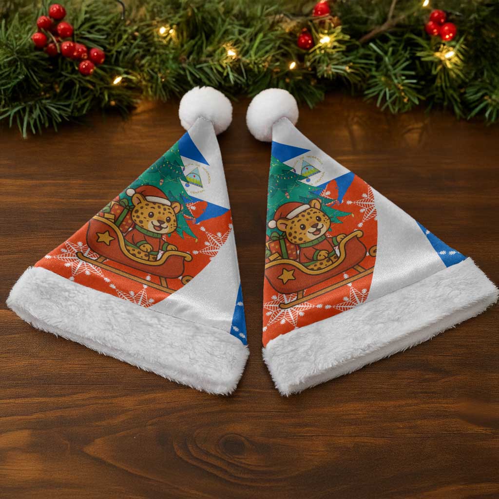 Nicaragua Christmas Santa Hat with Jaguar in Sleigh Christmas Tree Snowflakes and Flag Colors Design - Wonder Print Shop