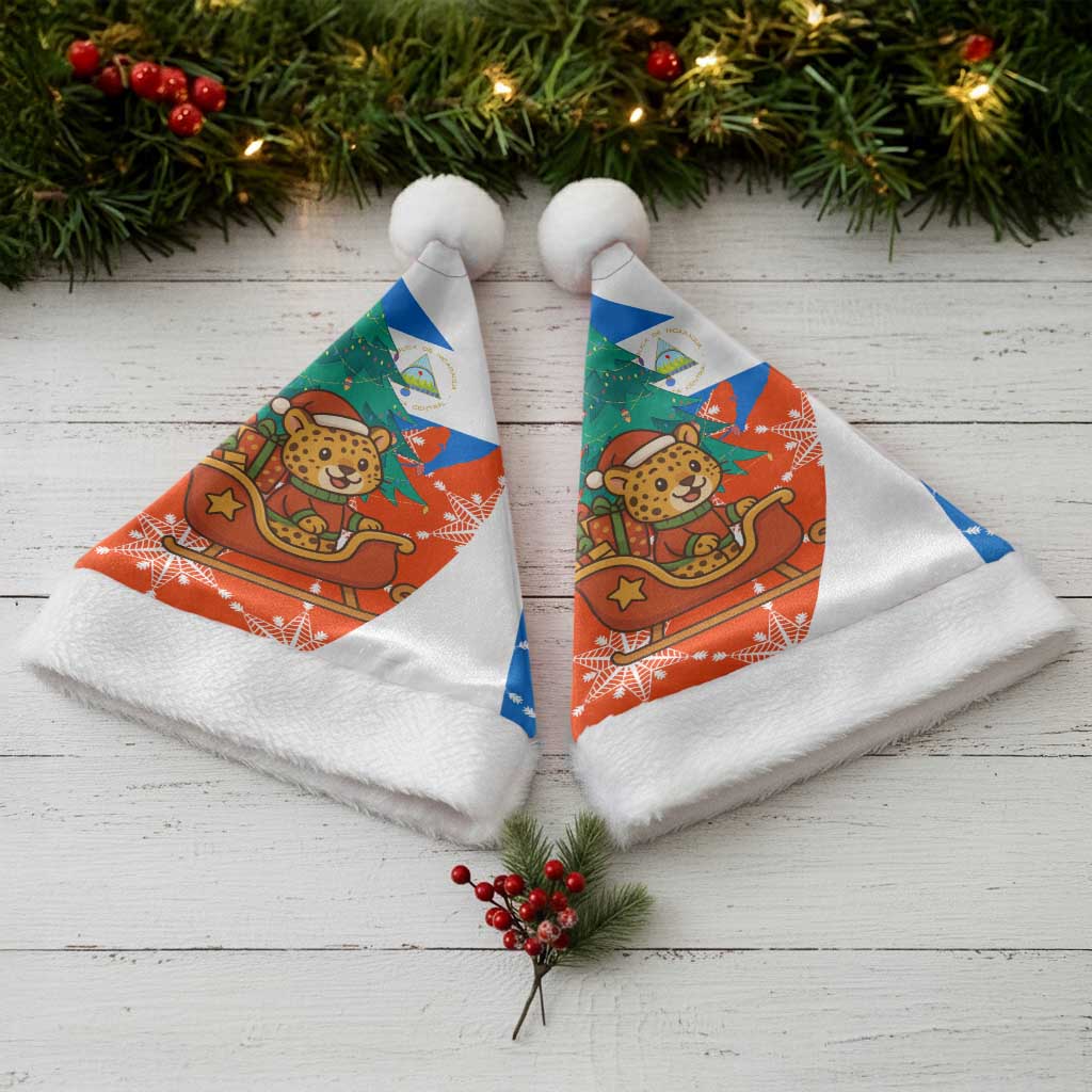 Nicaragua Christmas Santa Hat with Jaguar in Sleigh Christmas Tree Snowflakes and Flag Colors Design - Wonder Print Shop