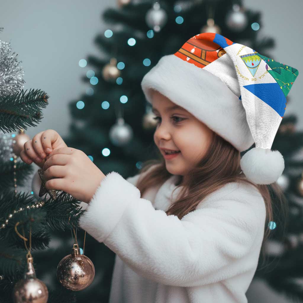 Nicaragua Christmas Santa Hat with Jaguar in Sleigh Christmas Tree Snowflakes and Flag Colors Design - Wonder Print Shop