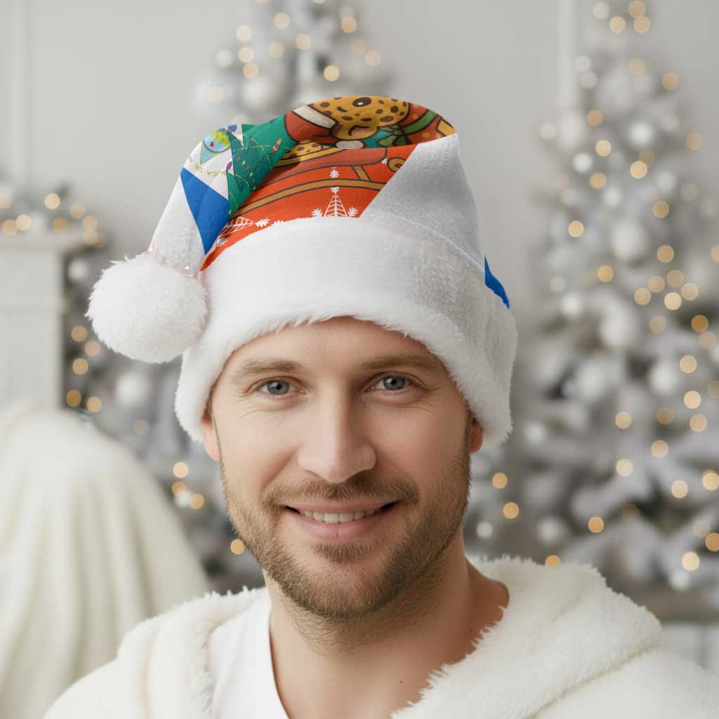 Nicaragua Christmas Santa Hat with Jaguar in Sleigh Christmas Tree Snowflakes and Flag Colors Design - Wonder Print Shop