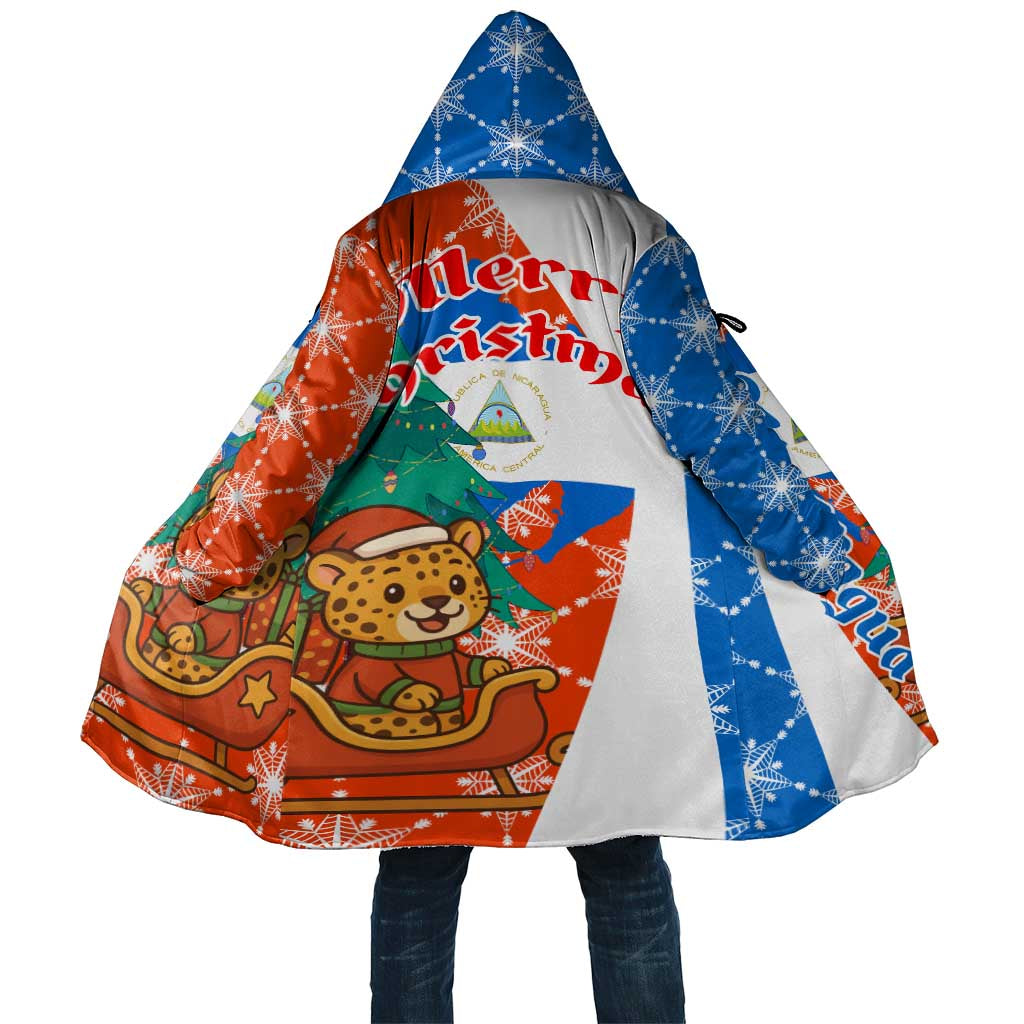 Nicaragua Christmas Cloak with Jaguar in Sleigh Christmas Tree Snowflakes and Flag Colors Design - Wonder Print Shop