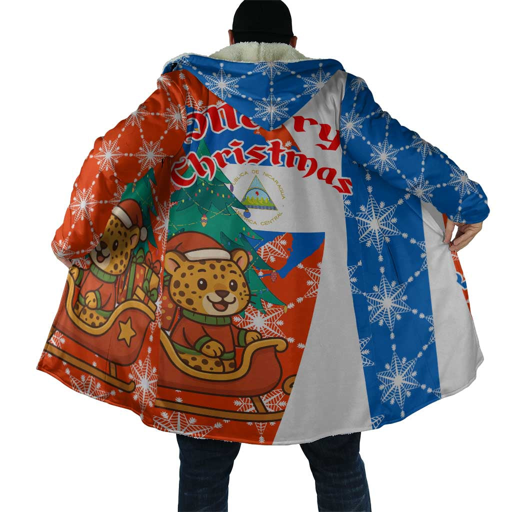 Nicaragua Christmas Cloak with Jaguar in Sleigh Christmas Tree Snowflakes and Flag Colors Design - Wonder Print Shop