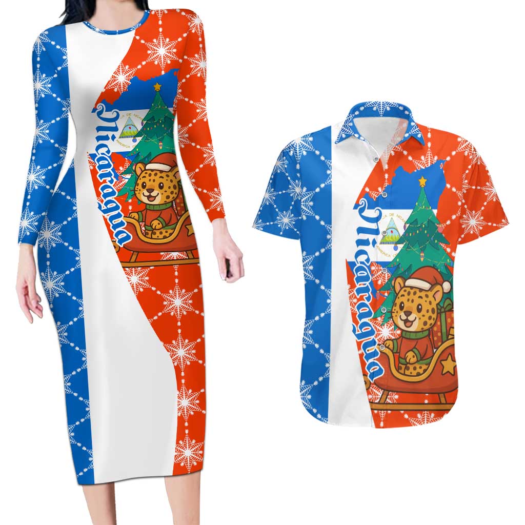 Nicaragua Christmas Couples Matching Long Sleeve Bodycon Dress and Hawaiian Shirt with Jaguar in Sleigh Christmas Tree Snowflakes and Flag Colors Design - Wonder Print Shop