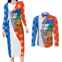 Nicaragua Christmas Couples Matching Long Sleeve Bodycon Dress and Long Sleeve Button Shirt with Jaguar in Sleigh Christmas Tree Snowflakes and Flag Colors Design - Wonder Print Shop