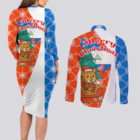 Nicaragua Christmas Couples Matching Long Sleeve Bodycon Dress and Long Sleeve Button Shirt with Jaguar in Sleigh Christmas Tree Snowflakes and Flag Colors Design - Wonder Print Shop