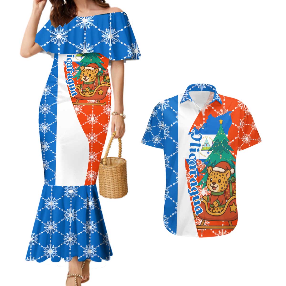 Nicaragua Christmas Couples Matching Mermaid Dress and Hawaiian Shirt with Jaguar in Sleigh Christmas Tree Snowflakes and Flag Colors Design - Wonder Print Shop