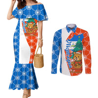 Nicaragua Christmas Couples Matching Mermaid Dress and Long Sleeve Button Shirt with Jaguar in Sleigh Christmas Tree Snowflakes and Flag Colors Design - Wonder Print Shop
