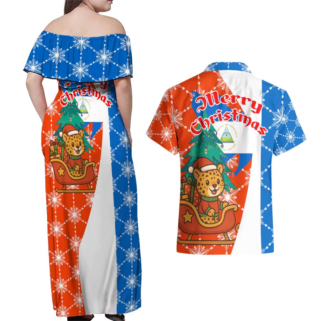 Nicaragua Christmas Couples Matching Off Shoulder Maxi Dress and Hawaiian Shirt with Jaguar in Sleigh Christmas Tree Snowflakes and Flag Colors Design - Wonder Print Shop