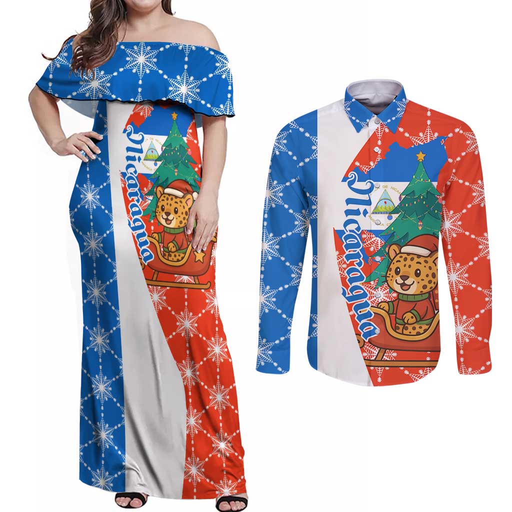 Nicaragua Christmas Couples Matching Off Shoulder Maxi Dress and Long Sleeve Button Shirt with Jaguar in Sleigh Christmas Tree Snowflakes and Flag Colors Design - Wonder Print Shop