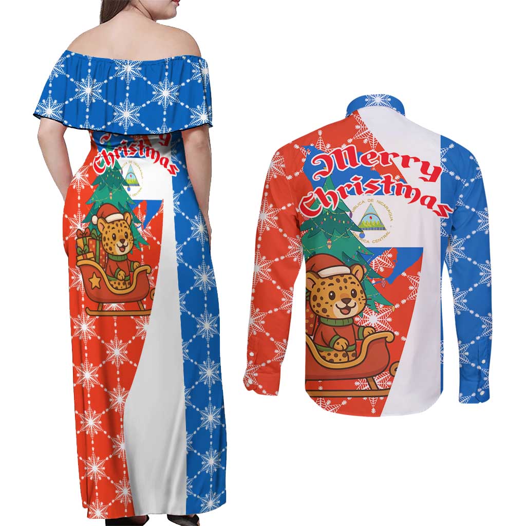 Nicaragua Christmas Couples Matching Off Shoulder Maxi Dress and Long Sleeve Button Shirt with Jaguar in Sleigh Christmas Tree Snowflakes and Flag Colors Design - Wonder Print Shop