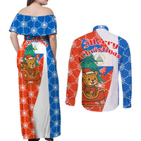 Nicaragua Christmas Couples Matching Off Shoulder Maxi Dress and Long Sleeve Button Shirt with Jaguar in Sleigh Christmas Tree Snowflakes and Flag Colors Design - Wonder Print Shop