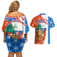 Nicaragua Christmas Couples Matching Off Shoulder Short Dress and Hawaiian Shirt with Jaguar in Sleigh Christmas Tree Snowflakes and Flag Colors Design - Wonder Print Shop