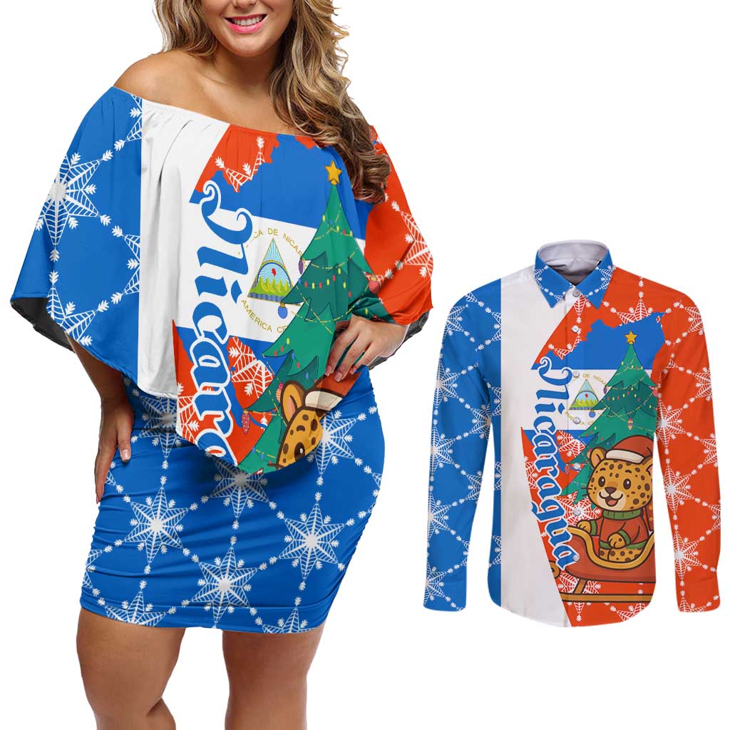 Nicaragua Christmas Couples Matching Off Shoulder Short Dress and Long Sleeve Button Shirt with Jaguar in Sleigh Christmas Tree Snowflakes and Flag Colors Design - Wonder Print Shop