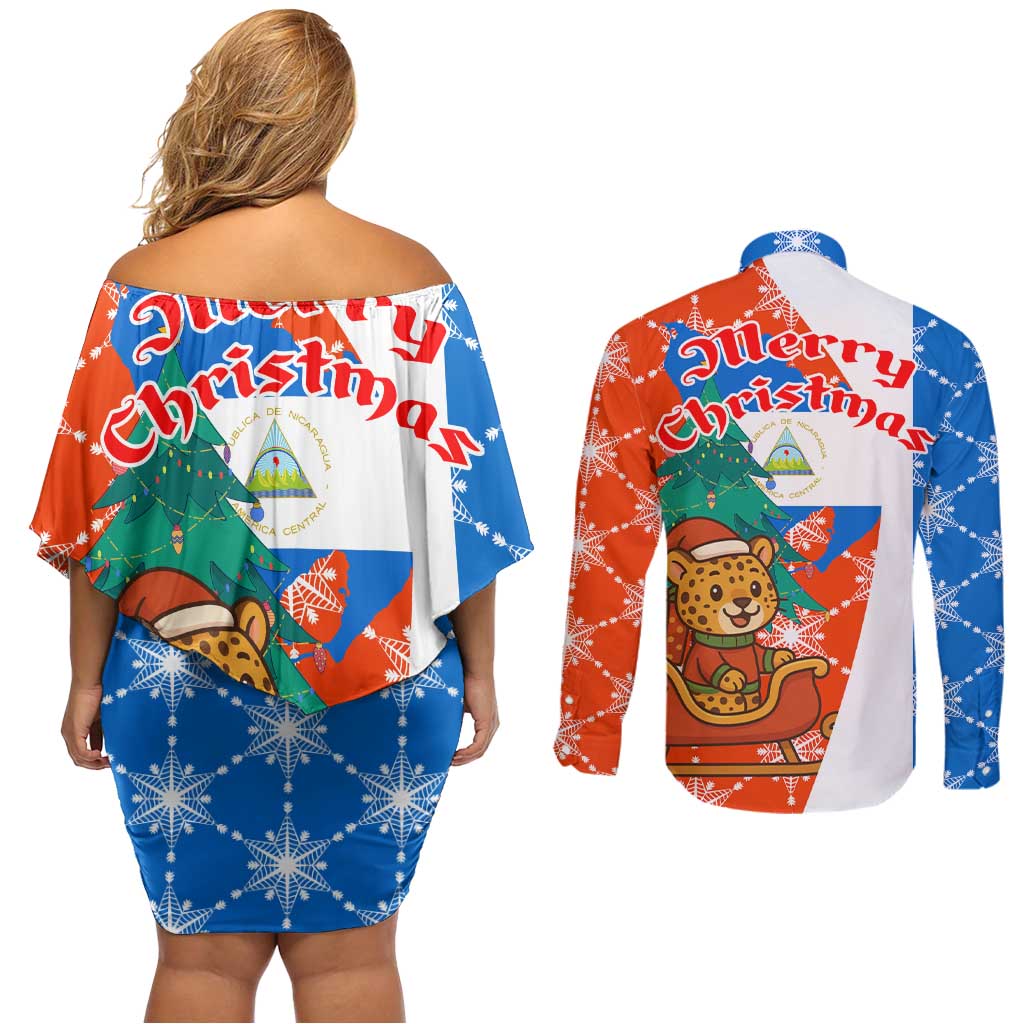 Nicaragua Christmas Couples Matching Off Shoulder Short Dress and Long Sleeve Button Shirt with Jaguar in Sleigh Christmas Tree Snowflakes and Flag Colors Design - Wonder Print Shop