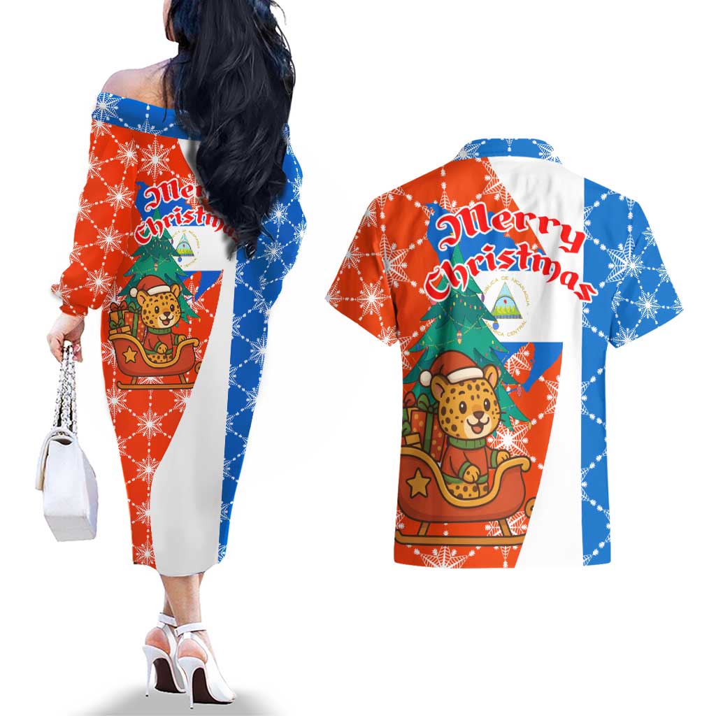 Nicaragua Christmas Couples Matching Off The Shoulder Long Sleeve Dress and Hawaiian Shirt with Jaguar in Sleigh Christmas Tree Snowflakes and Flag Colors Design - Wonder Print Shop