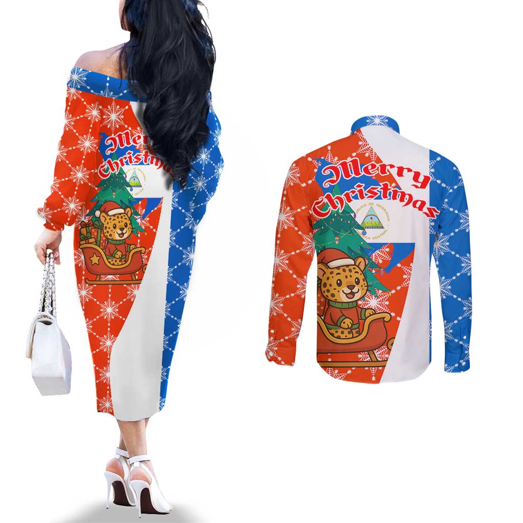Nicaragua Christmas Couples Matching Off The Shoulder Long Sleeve Dress and Long Sleeve Button Shirt with Jaguar in Sleigh Christmas Tree Snowflakes and Flag Colors Design - Wonder Print Shop