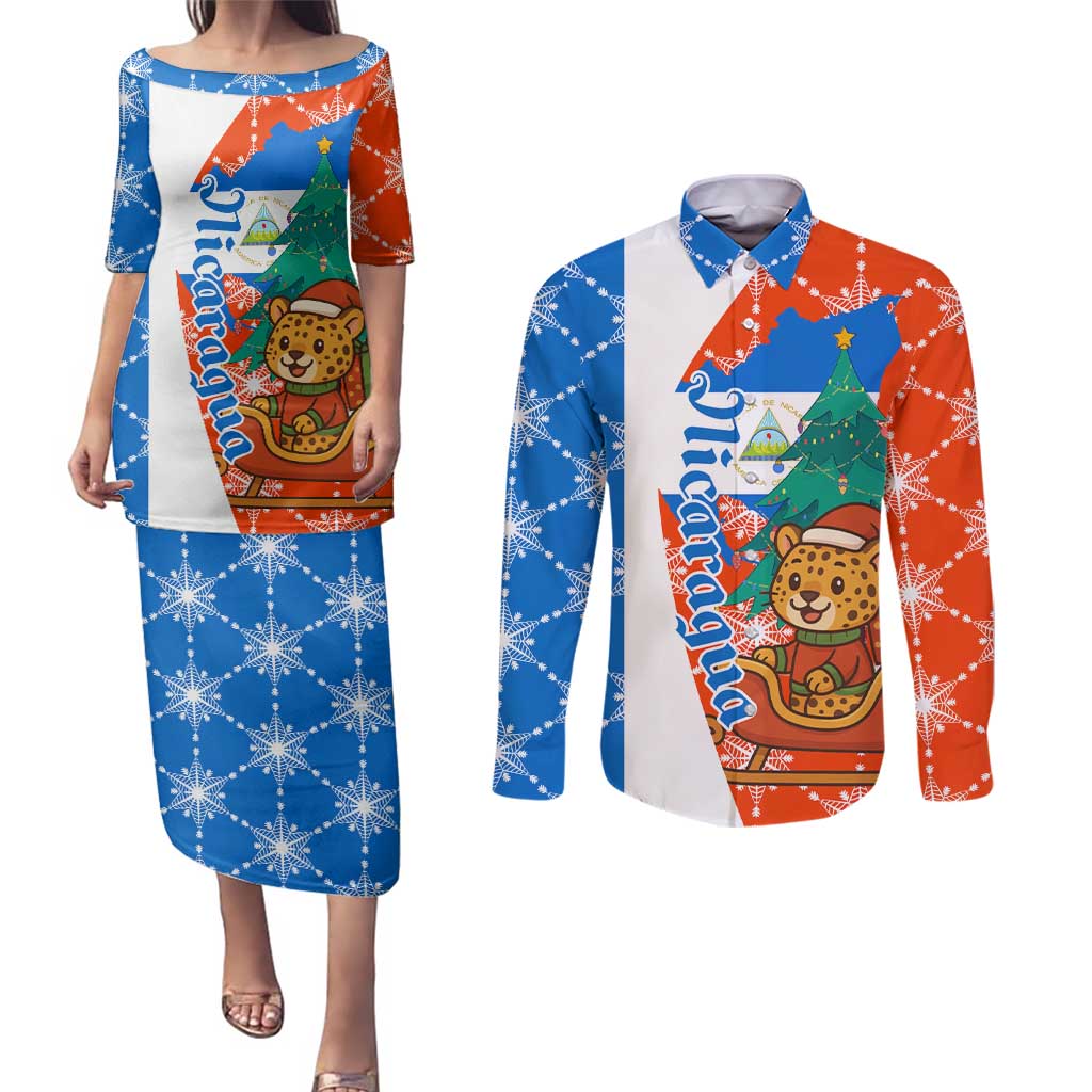 Nicaragua Christmas Couples Matching Puletasi and Long Sleeve Button Shirt with Jaguar in Sleigh Christmas Tree Snowflakes and Flag Colors Design - Wonder Print Shop