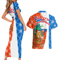 Nicaragua Christmas Couples Matching Short Sleeve Bodycon Dress and Hawaiian Shirt with Jaguar in Sleigh Christmas Tree Snowflakes and Flag Colors Design - Wonder Print Shop