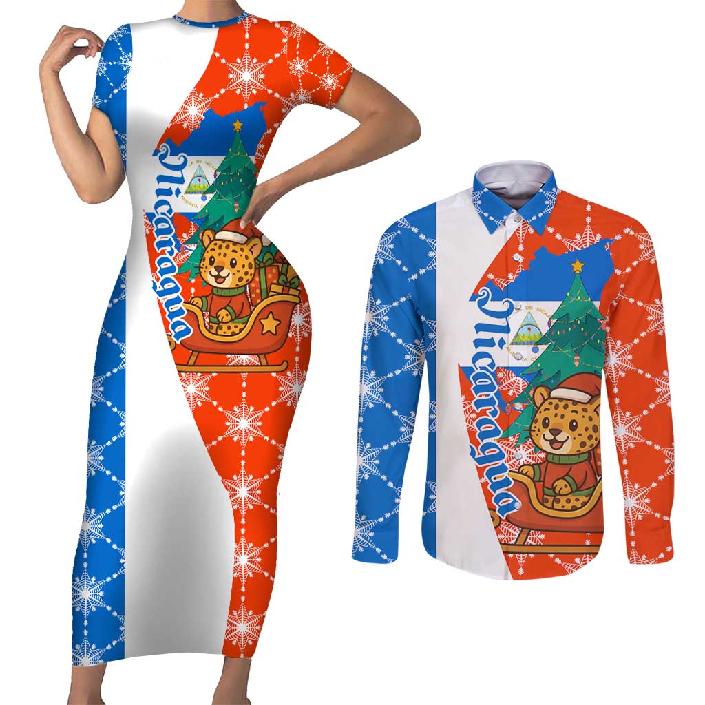 Nicaragua Christmas Couples Matching Short Sleeve Bodycon Dress and Long Sleeve Button Shirt with Jaguar in Sleigh Christmas Tree Snowflakes and Flag Colors Design - Wonder Print Shop