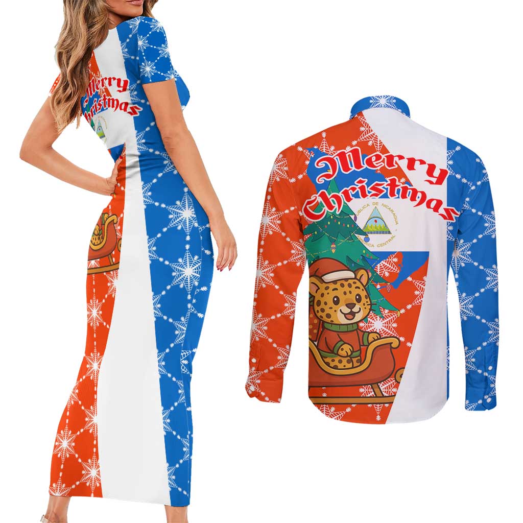 Nicaragua Christmas Couples Matching Short Sleeve Bodycon Dress and Long Sleeve Button Shirt with Jaguar in Sleigh Christmas Tree Snowflakes and Flag Colors Design - Wonder Print Shop