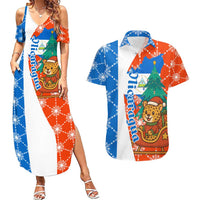 Nicaragua Christmas Couples Matching Summer Maxi Dress and Hawaiian Shirt with Jaguar in Sleigh Christmas Tree Snowflakes and Flag Colors Design - Wonder Print Shop