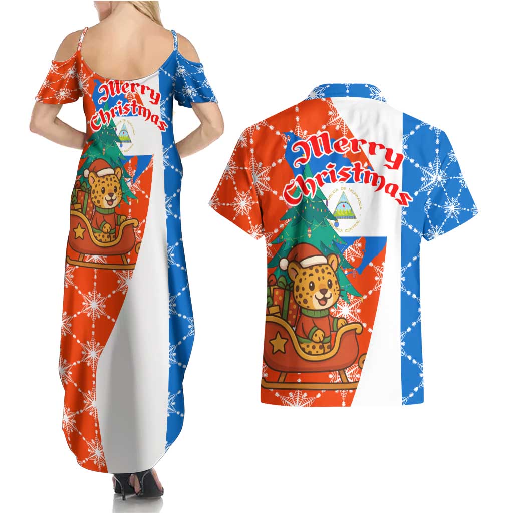 Nicaragua Christmas Couples Matching Summer Maxi Dress and Hawaiian Shirt with Jaguar in Sleigh Christmas Tree Snowflakes and Flag Colors Design - Wonder Print Shop