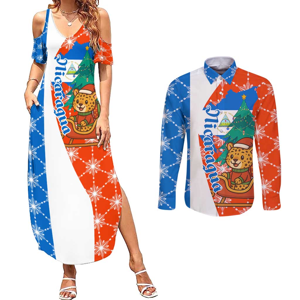 Nicaragua Christmas Couples Matching Summer Maxi Dress and Long Sleeve Button Shirt with Jaguar in Sleigh Christmas Tree Snowflakes and Flag Colors Design - Wonder Print Shop