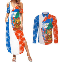 Nicaragua Christmas Couples Matching Summer Maxi Dress and Long Sleeve Button Shirt with Jaguar in Sleigh Christmas Tree Snowflakes and Flag Colors Design - Wonder Print Shop