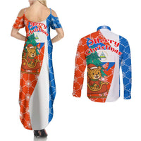Nicaragua Christmas Couples Matching Summer Maxi Dress and Long Sleeve Button Shirt with Jaguar in Sleigh Christmas Tree Snowflakes and Flag Colors Design - Wonder Print Shop