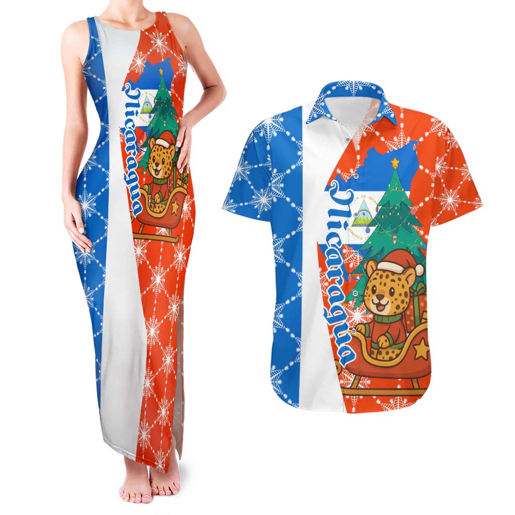 Nicaragua Christmas Couples Matching Tank Maxi Dress and Hawaiian Shirt with Jaguar in Sleigh Christmas Tree Snowflakes and Flag Colors Design - Wonder Print Shop