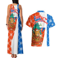 Nicaragua Christmas Couples Matching Tank Maxi Dress and Hawaiian Shirt with Jaguar in Sleigh Christmas Tree Snowflakes and Flag Colors Design - Wonder Print Shop