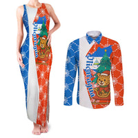 Nicaragua Christmas Couples Matching Tank Maxi Dress and Long Sleeve Button Shirt with Jaguar in Sleigh Christmas Tree Snowflakes and Flag Colors Design - Wonder Print Shop