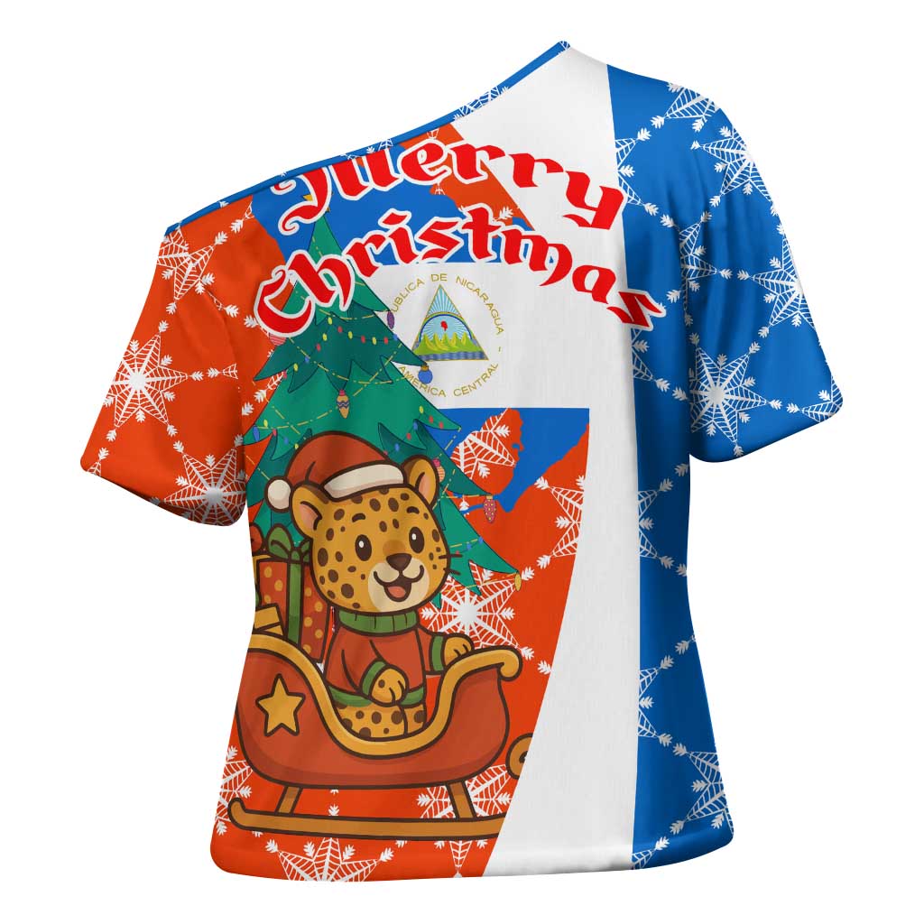 Nicaragua Christmas Cross Shoulder Shirt with Jaguar in Sleigh Christmas Tree Snowflakes and Flag Colors Design - Wonder Print Shop