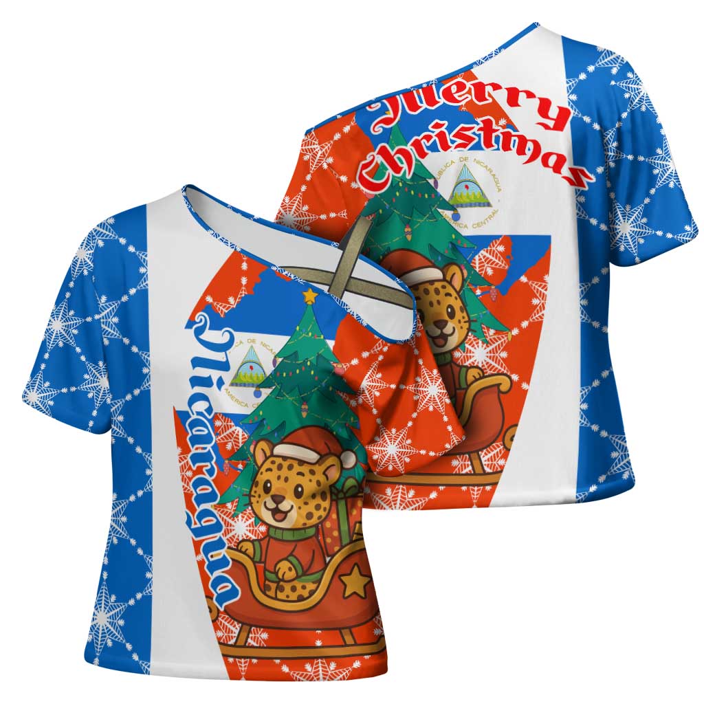 Nicaragua Christmas Cross Shoulder Shirt with Jaguar in Sleigh Christmas Tree Snowflakes and Flag Colors Design - Wonder Print Shop