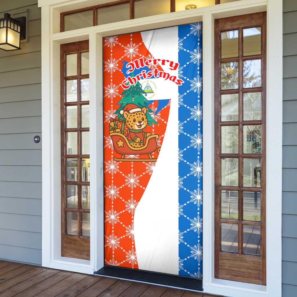 Nicaragua Christmas Door Cover with Jaguar in Sleigh Christmas Tree Snowflakes and Flag Colors Design - Wonder Print Shop