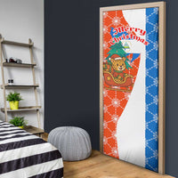 Nicaragua Christmas Door Cover with Jaguar in Sleigh Christmas Tree Snowflakes and Flag Colors Design - Wonder Print Shop