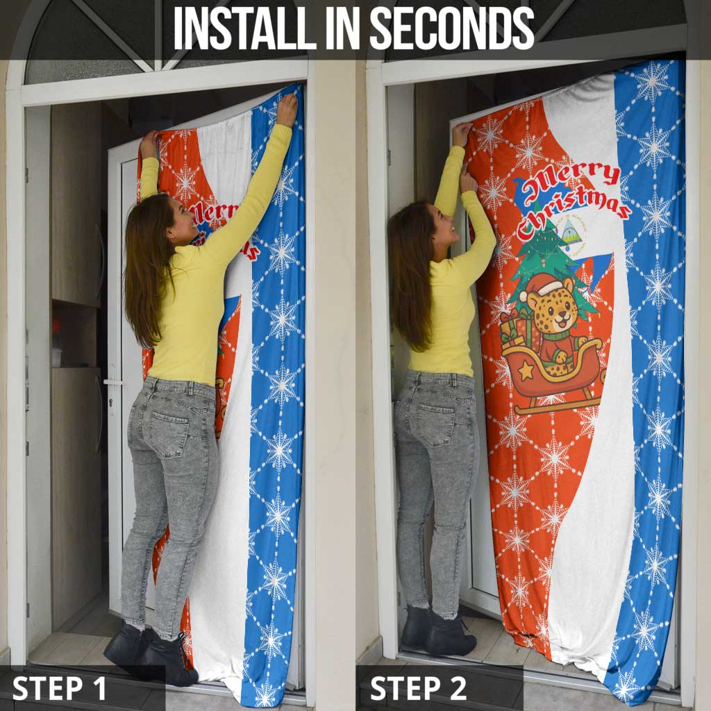 Nicaragua Christmas Door Cover with Jaguar in Sleigh Christmas Tree Snowflakes and Flag Colors Design - Wonder Print Shop