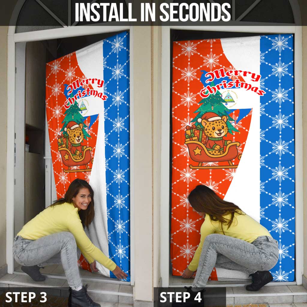 Nicaragua Christmas Door Cover with Jaguar in Sleigh Christmas Tree Snowflakes and Flag Colors Design - Wonder Print Shop